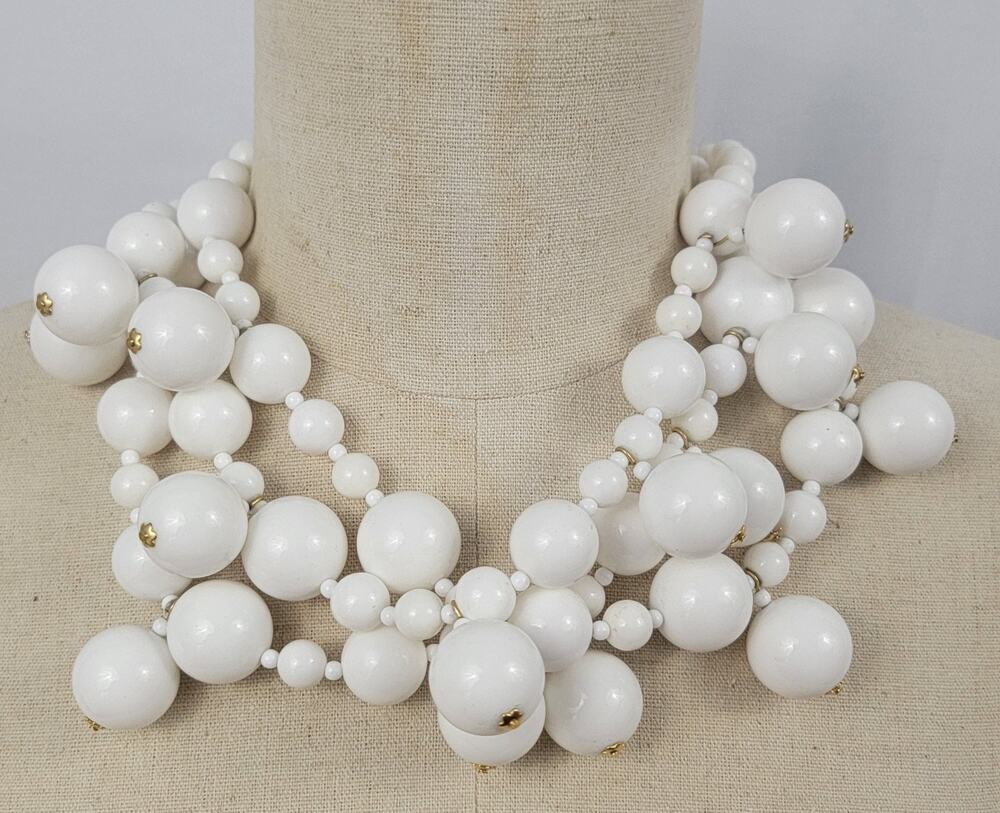 Vintage Kenneth Jay Lane White Cluster Necklace 3 Strand Signed KJL